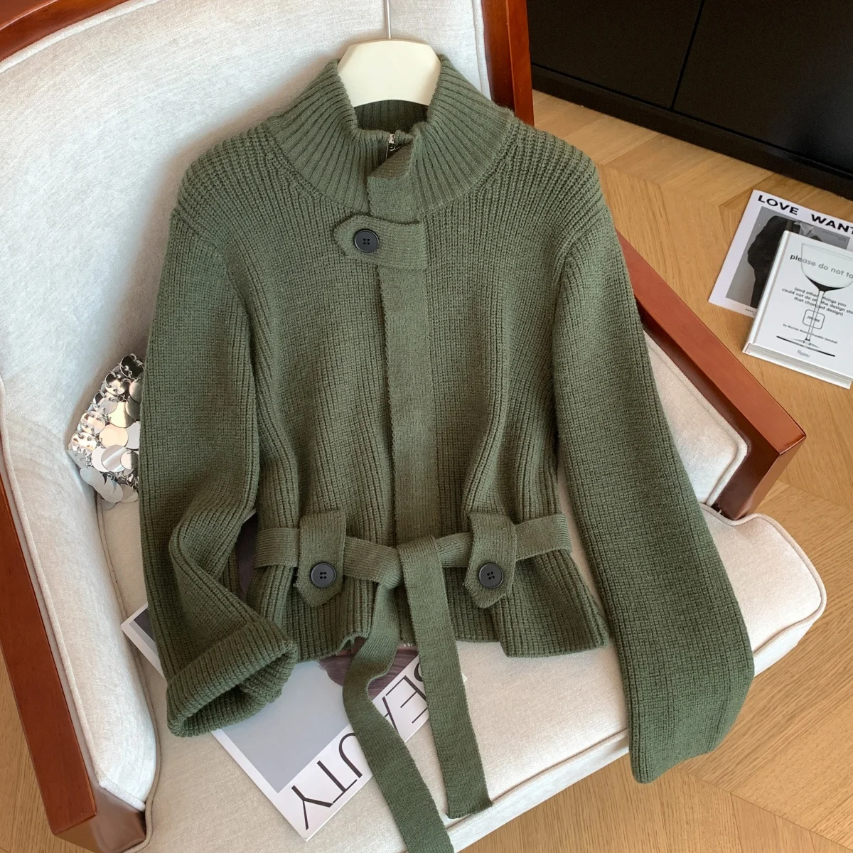 

Женский зеленый кардиган с воротником, свитер Y2k, винтажный элегантный джемпер 2000-х годов, вязаный корейский свитер с длинными рукавами для женщин, зима 2025