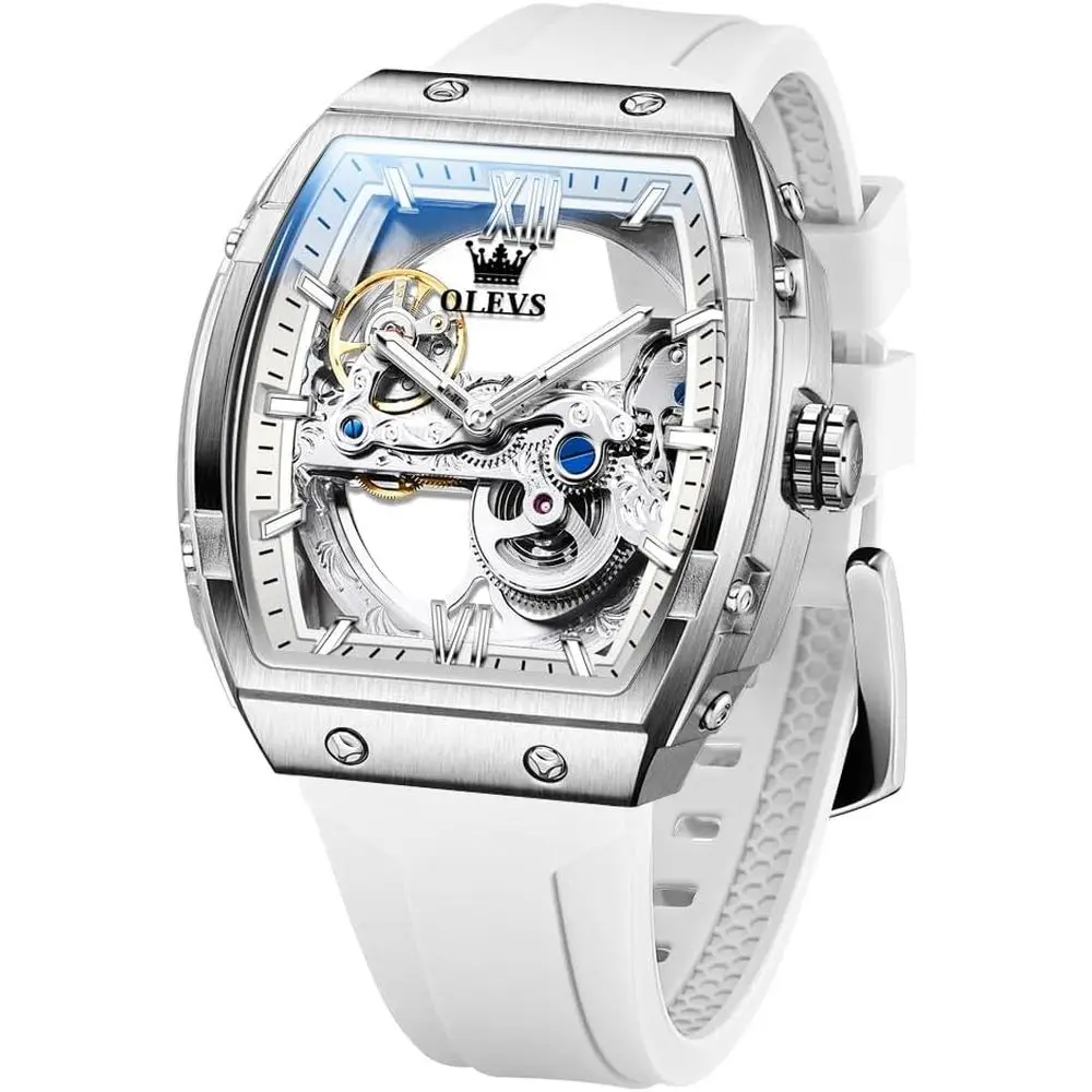 

Мужские часы OLEVS: полностью скелетонизированные, автоматические, механические, класса люкс, с силиконовым ремешком, водонепроницаемые, светящиеся, квадратные