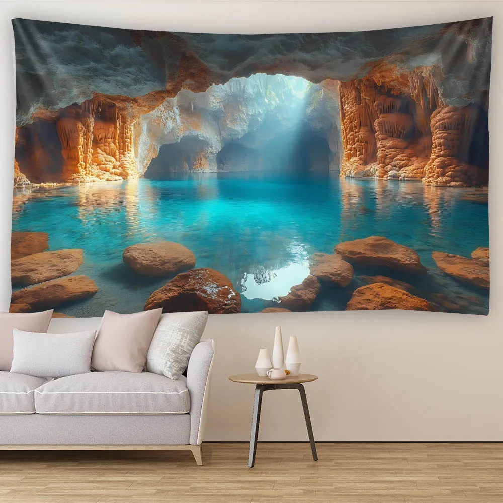 Psychedelic Scene Tapestries Forest Sea Caves Landscape Wall Hangings Bohemian Home Art Decorations Yoga Mat Cover