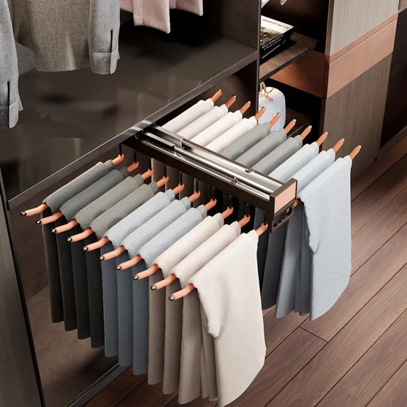 Built-in pants rack in wardrobe, telescopic household pull-out cabinet, inner damping top and side installation, non-slip