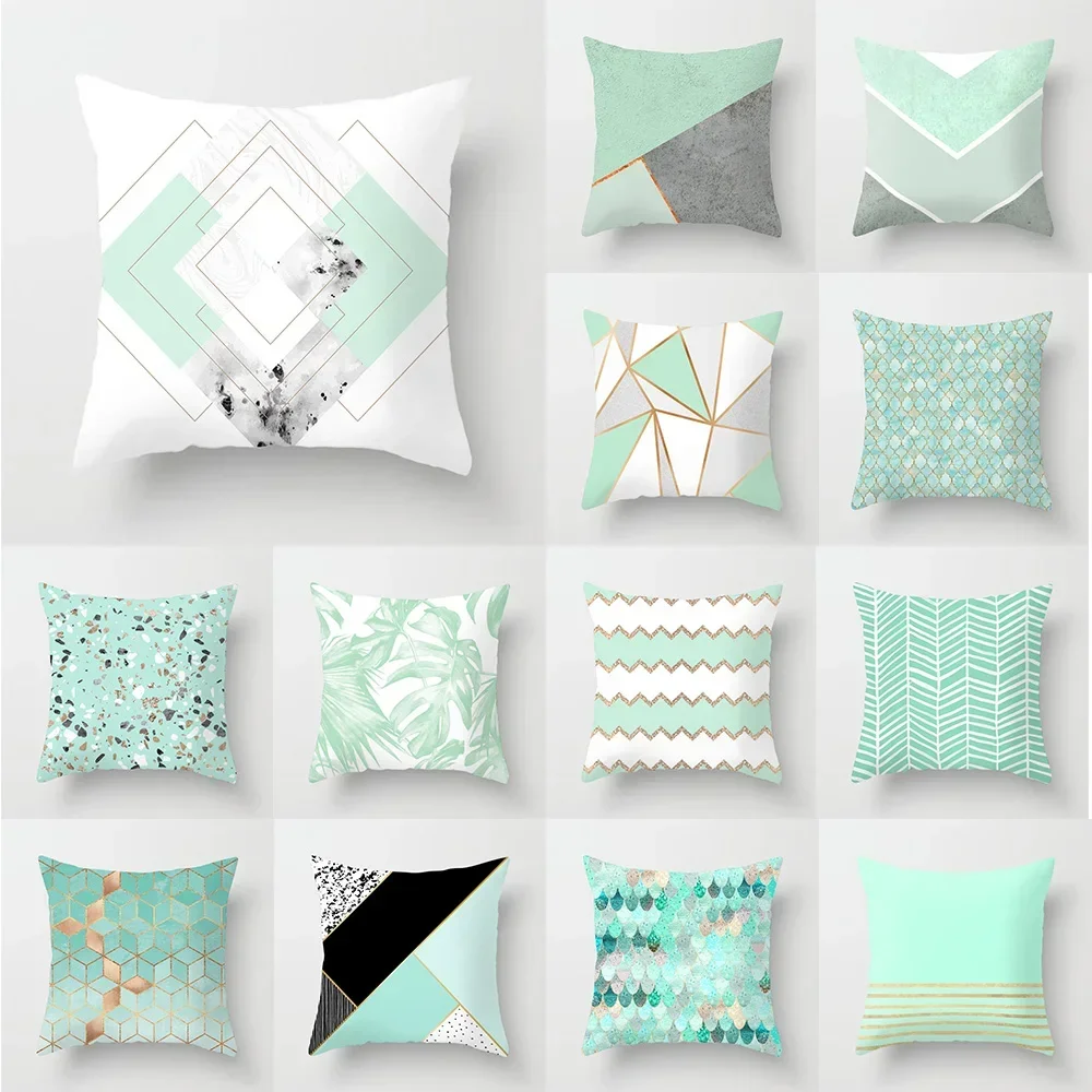 

Mint green geometric printed pattern cushion cover for home living room sofa decoration square with polyester pillowcase