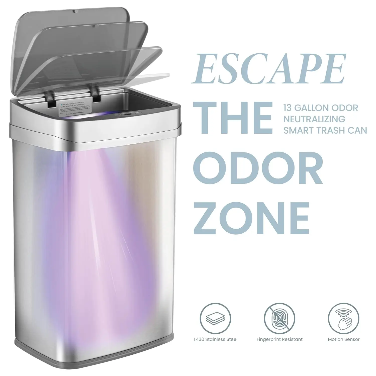 Nova Series 13 Gallon Odor Elimating Automatic Kitchen Trash Can Automatic Odor Control Motion Sensor Garbage Bin, 50 Liter Smar