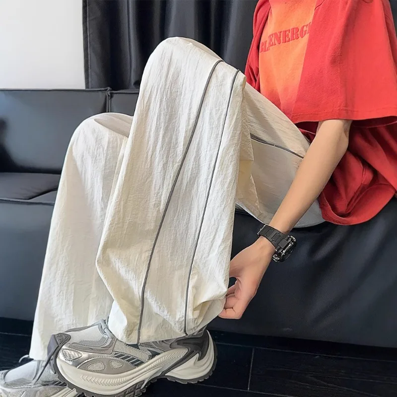 

White Straight-cut Quick-drying Pants Men Summer Thin Trendy Brand Sport Wide-leg Pants American Straight-cut Loose Casual Pants