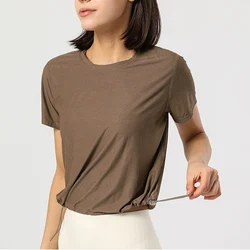 Women Short Sleeve Yoga T-Shirt Solid Color Jacquard Drawstring Hem Gym Running Top Lightweight Breathable Workout Shirt