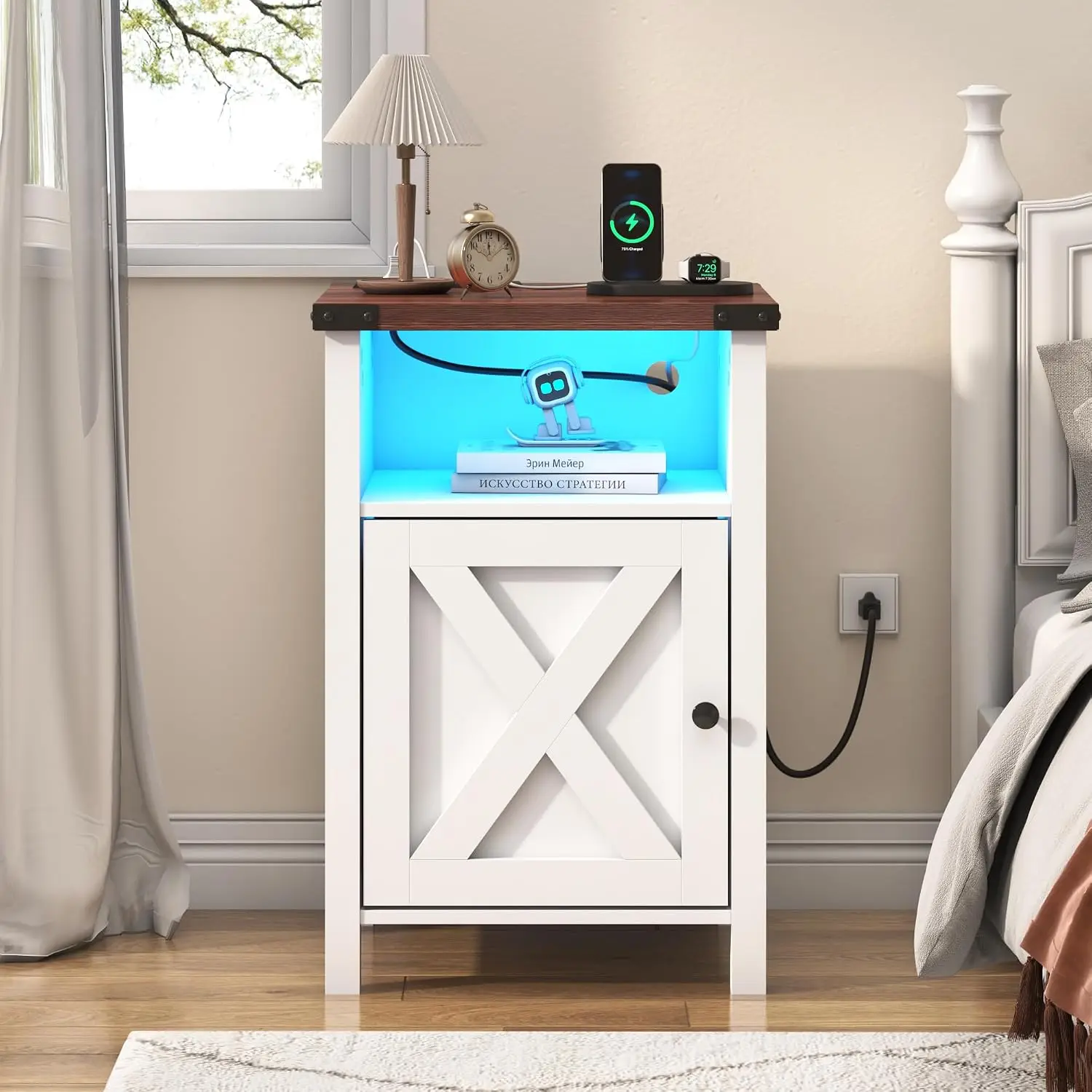 Farmhouse Nightstand Set of 2 with RGB LED Lights, Charging Station (2 Outlets + 2 USB), Barn Door Design & Storage Shelf, Sturdy MDF + Metal