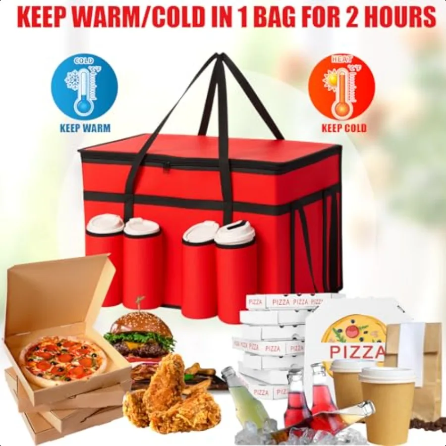 6 sacos isolados da entrega de alimentos dos pces com 4 suporte de copo 3xl caixa refrigeradora com portador da bebida 23w x 15h x 14d saco dobrável da entrega zi