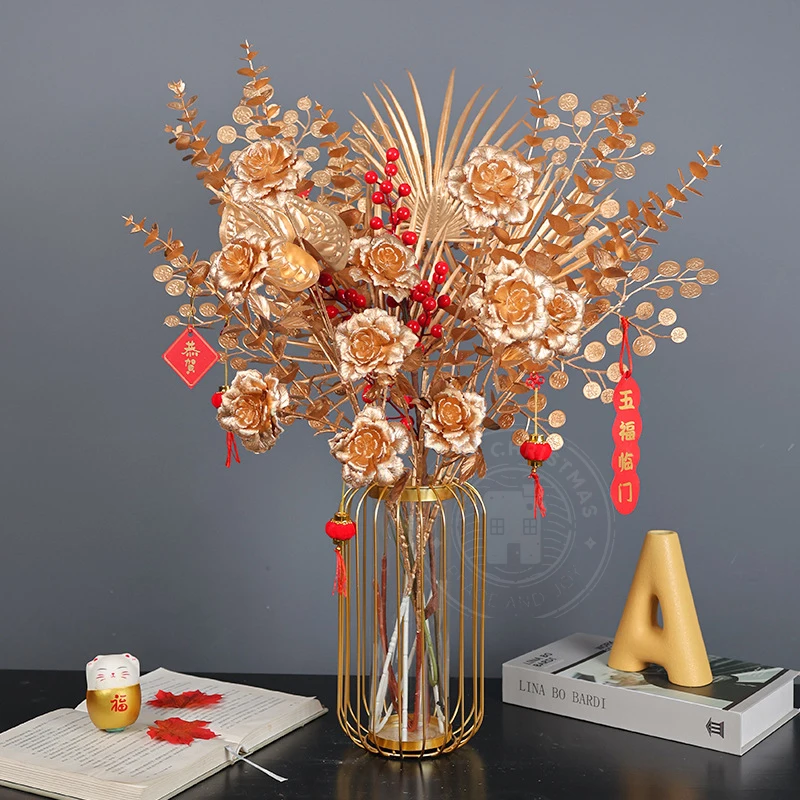 

Branch Imitation Gold Rose False Flower Leaves New Year Decoration Series Turtle Back Eucalyptus Ginkgo Leaf Flower Arrangement