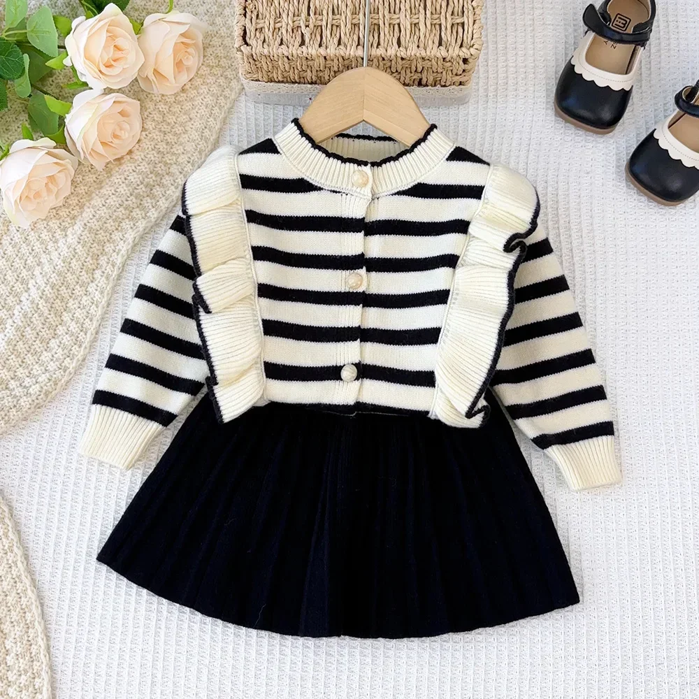 Children\'s Clothing Daily Striped Black Fungus Edge Knitted Cardigan+Solid Color Short Skirt Two-piece Sets Kids Clothes Girls