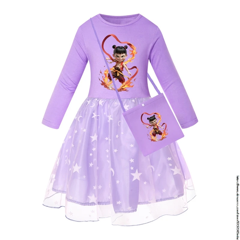 New Anime Nezha Kids Clothes Long Slevess Dresses Cotton Rainbow Full Dress Teen Cartoon Girl Clothing Party Clothes 2-7Years