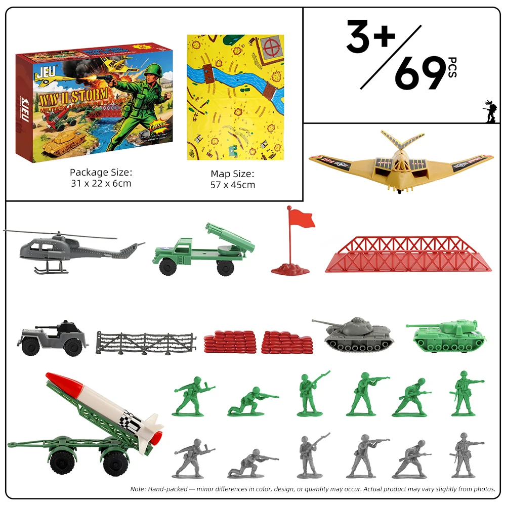 Zestaw do zabawy ViiKONDO Army Men, wojskowe przygody, plac bitewny z II wojny światowej, samolot, czołg, rakietnik, pojazd, figurka żołnierza, gra wojenna, kolorowe pudełko
