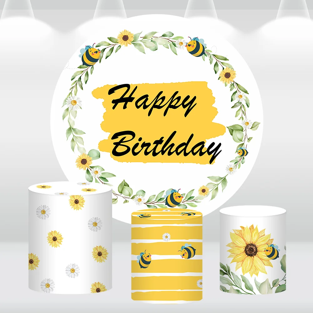 Bee First Birthday Round Backdrop Cover Sunflower Honey Bee Baby Shower Background Photography Cake Table Decoration