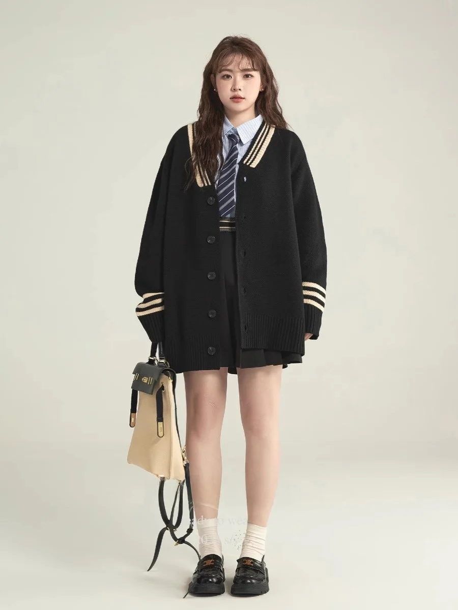 

Женский осенний модный вязаный кардиган больших размеров с эффектом похудения, свободный крой, в университетском стиле