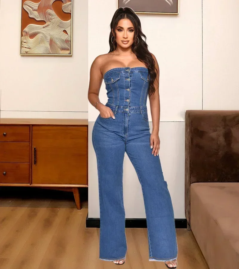 

GUWU женский без бретелек на пуговицах спереди без рукавов широкий джинсовый комбинезон модный летний комбинезон цельный комплект комбинезон