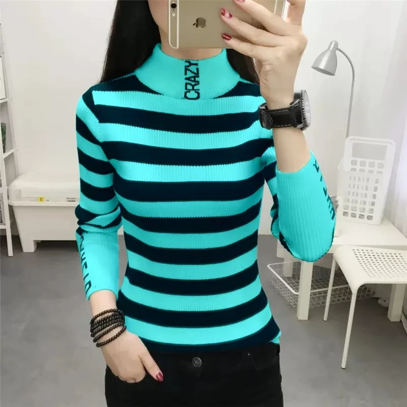 Autumn Winter Women Stripe Pullover Sweater half-turtleneck bottom Clothes Women High Neck Slim Basic Sweaters Tops M-3XL