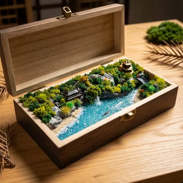 Miniature Landscape New Chinese Landscape Ornament Handmade Resin Wooden Box Desktop Decoration Gift