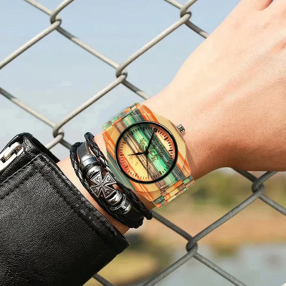 ساعة رجالية من الخيزران مخصصة راقية - ساعة يد فاخرة ملونة جديدة كاجوال بإكسسوارات خشبية
