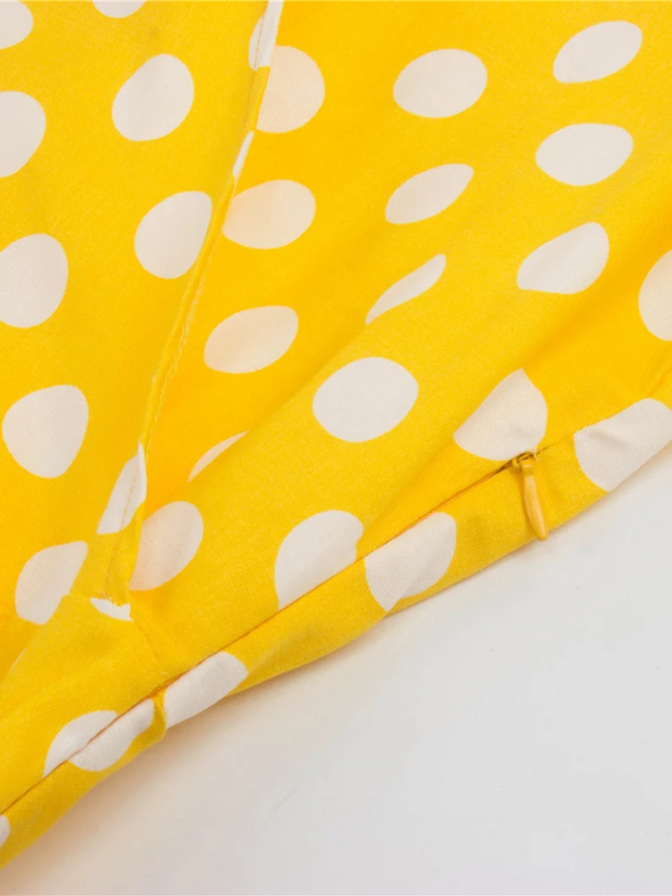 Tonval-Women\'s Retro Polka Dot Dress, Yellow Dress, Short Sleeve, V Neck, Belted, A Line, Summer Party, 50s Vintage Dresses