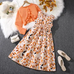 Kids Casual Dress Sets for Girls Clothes Autumn Winter 2024 New Child Long Sleeve Cardigan Tops Print Tank Dress Clothing Sets