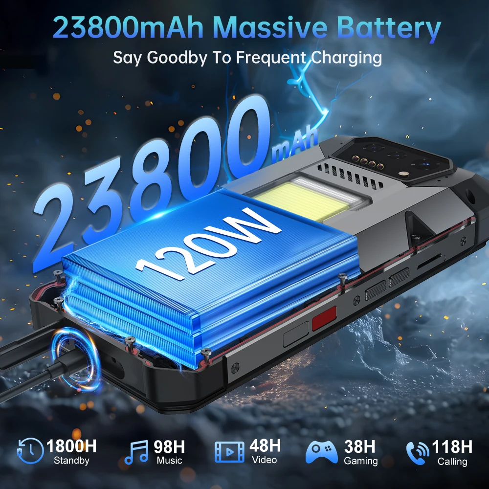 Unihertz 8849 Hike 4G هاتف ذكي متين 200 متر مصباح يدوي LED 23800mAh 24GB 512GB Helio G200 هاتف محمول غير قابل للتدمير NFC #4