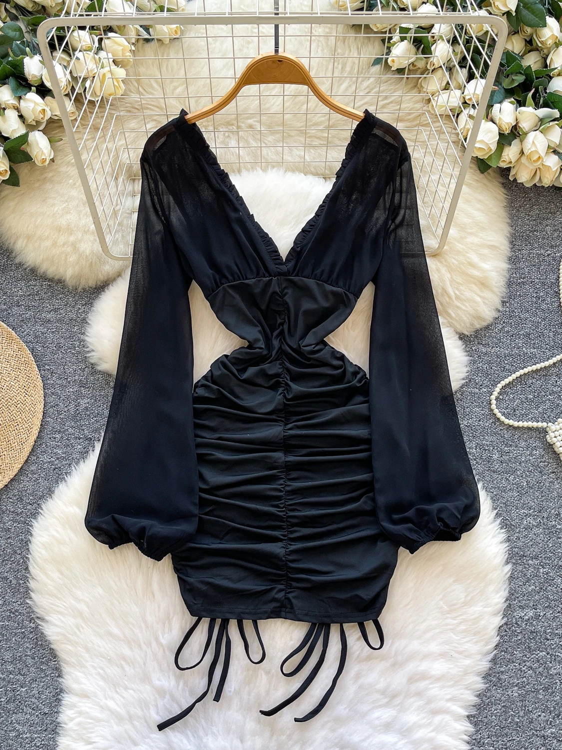 Ele Bla V-ne Long Sve ahueca hacia fuera la cintura fruncida que adelgaza el viaje Dr French Sle cintura alta fibra de poliéster