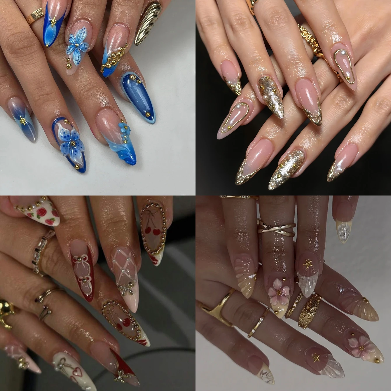 

40 шт. Миндальный пресс на ногтях Миндальный пресс на ногтях Средний накладный ноготь с цветочной ракушкой Золотая бусина Лук Дизайн Полностью покрытый накладный ноготь