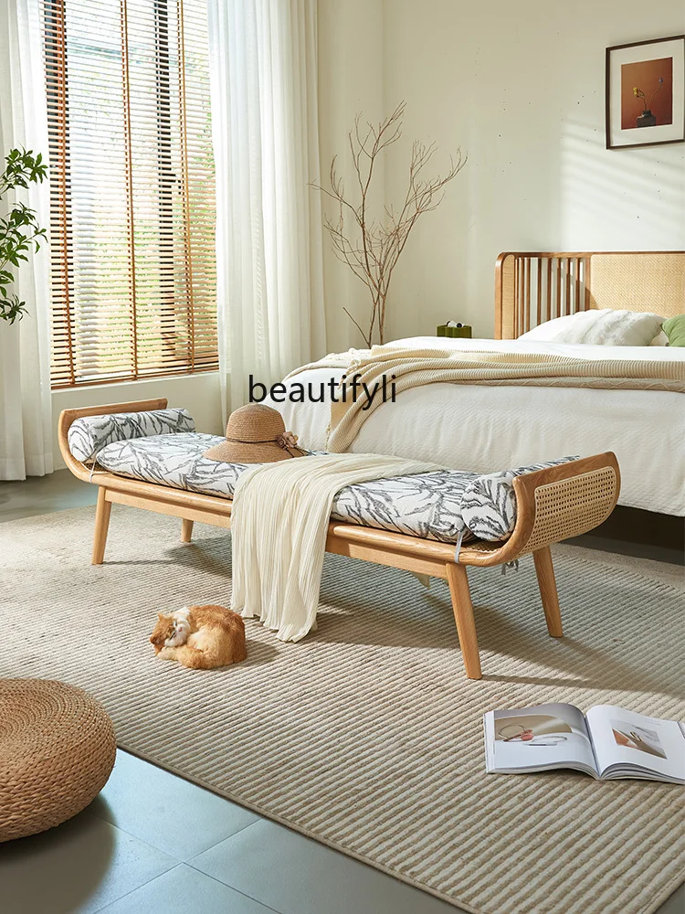 Solid Wood Bench, Door Shoes Changing Bench, Silent Style Simple Rattan Woven Bed End Stool Bedroom Dining Room