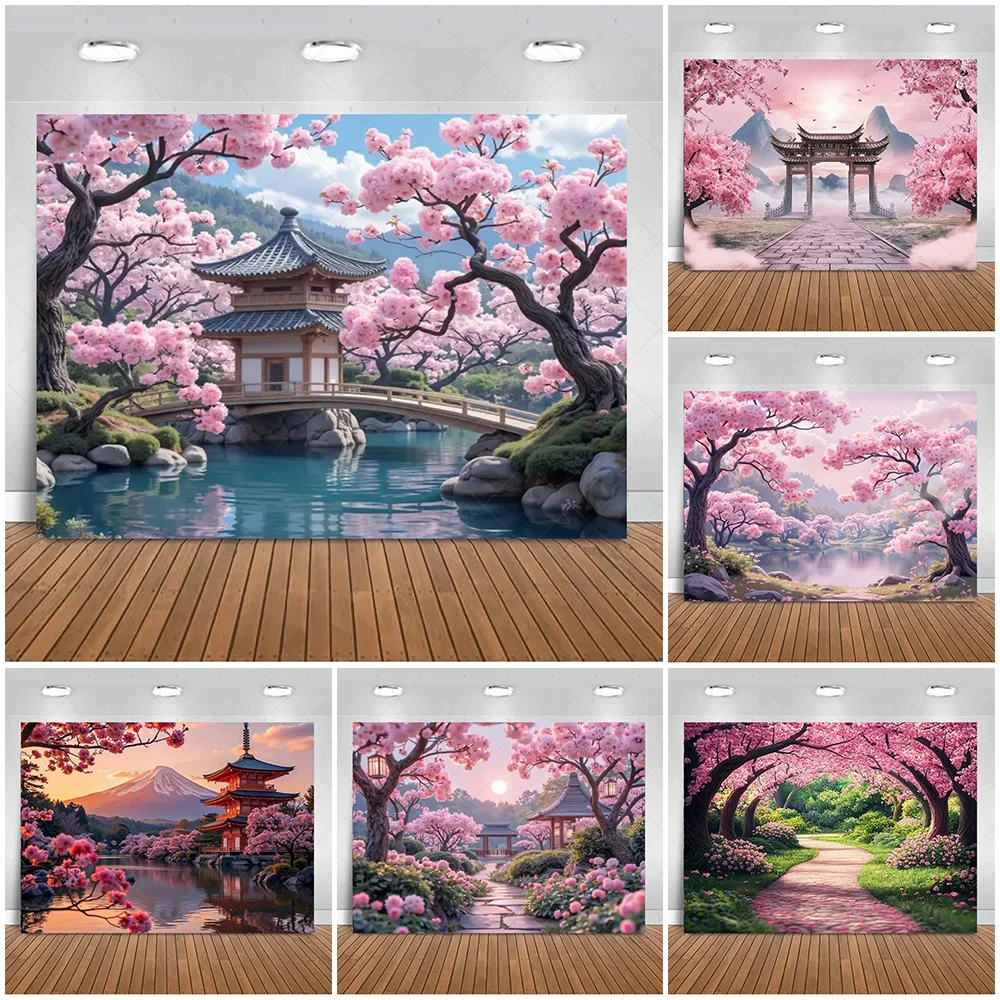 

﻿Pink Cherry Blossom Photography Backdrop Supplies Japanese Landscape Mount Fuji Background Banner Baby Shower Photo Shoot Prop