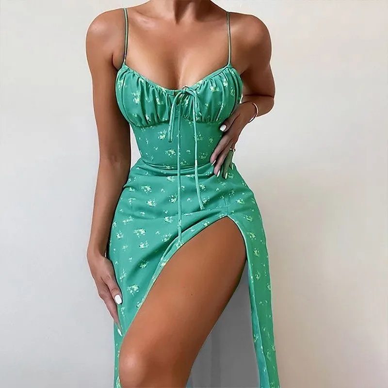 

Flower Print Sexy Spaghetti Strap Dresses For Women Casual Slim Slit Beach Party Dress Chic Bodycon Lady Sleeveless Robe