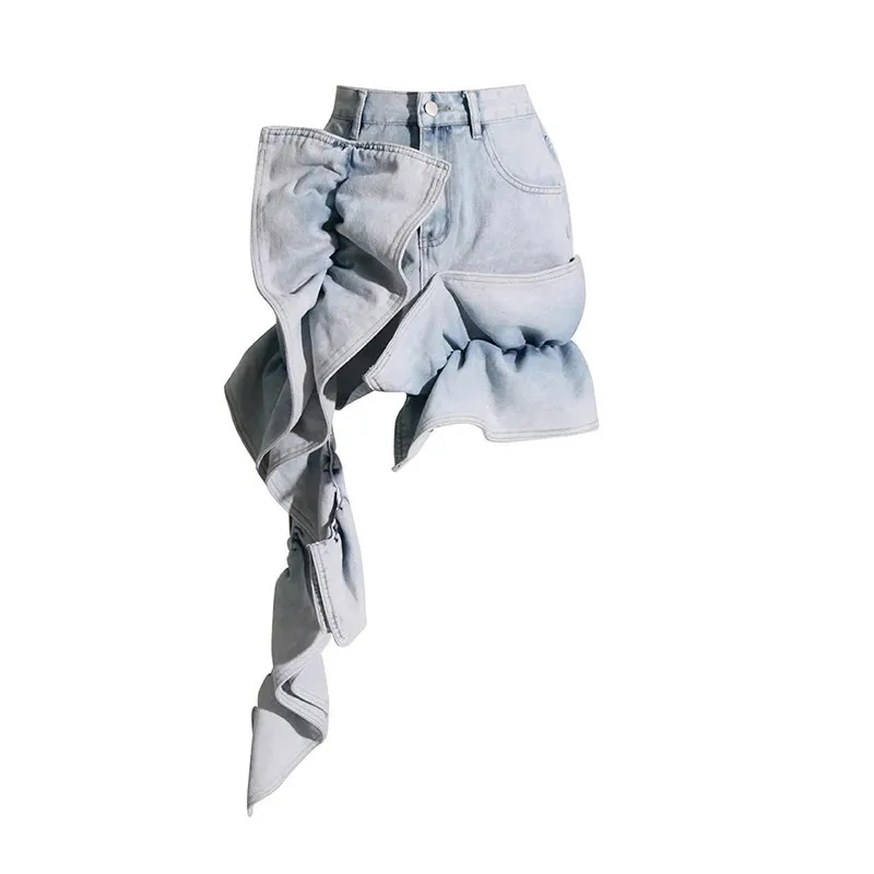 BPN Y2k Patchwork Ruffles Skirts For Women High Waist Solid Spliced Irregular Hem Slimming Denim Skirt Female Fahsion Clothing