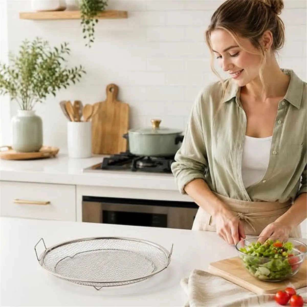Grease Drainer Stainless Steel Mesh Colander Oil Tray 9.5 Inch BBQ Grill Rack Non Stick Dishwasher Safe
