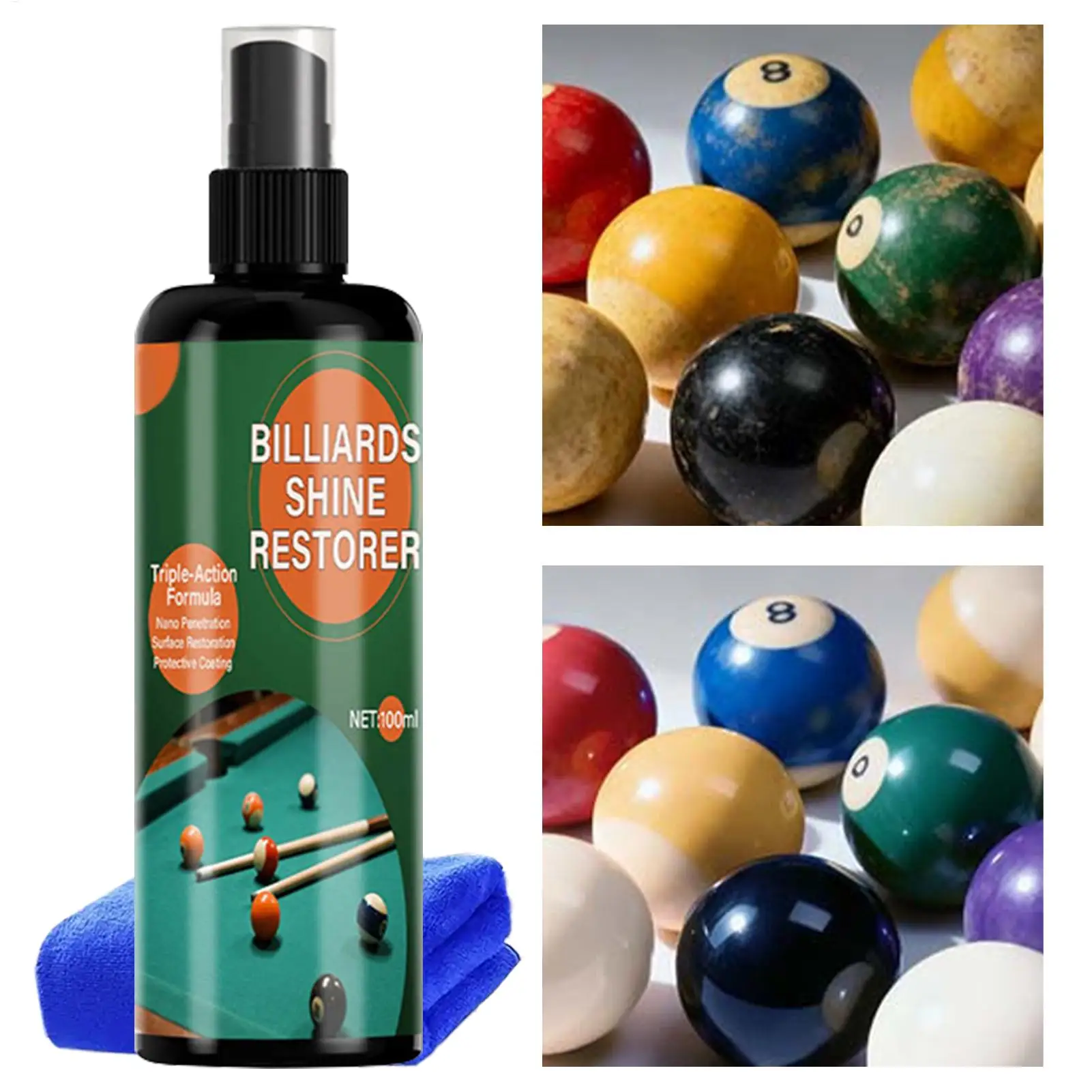 Limpiador de bolas de billar de 100ml, niebla de limpieza de mesa de billar con toalla, pulverizador de pulido de bolas de billar para pulir el uso en el hogar y el Club