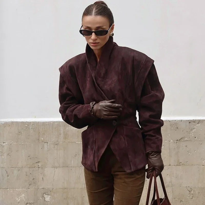

Vintage Suede Slim Jacket Women's Lapel Button Pocket Long Sleeves Patchwork Fashion Coat Autumn High Street Female Coat