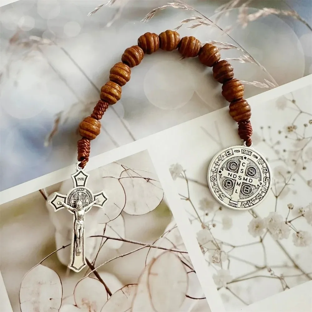 Vintage Saint Benedict Medal Prayer Alloy Wooden Prayer Beads Blessing Handmade Saint Benedict Rosary