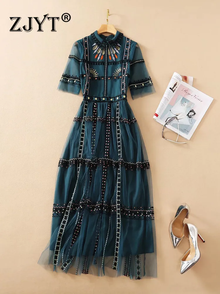 ZJYT Runway Fashion Summer Luxury Embroidery Mesh Dress Women Elegant Short Sleeve Ethnic Vintage Long Maxi Party Vestidos Lady