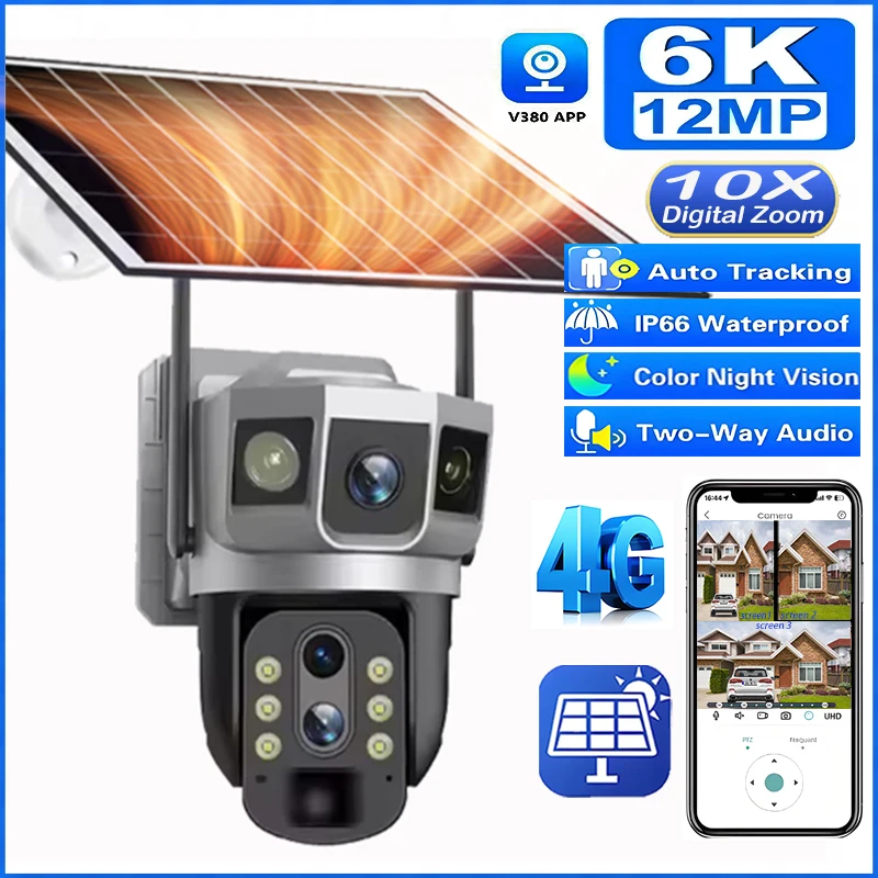 

6K 10X Zoom 4G Sim Outdoor Solar Battery Camera Three Screen 12MP 360° PTZ Video Surveillance Mobile Detection Waterproof CCTV