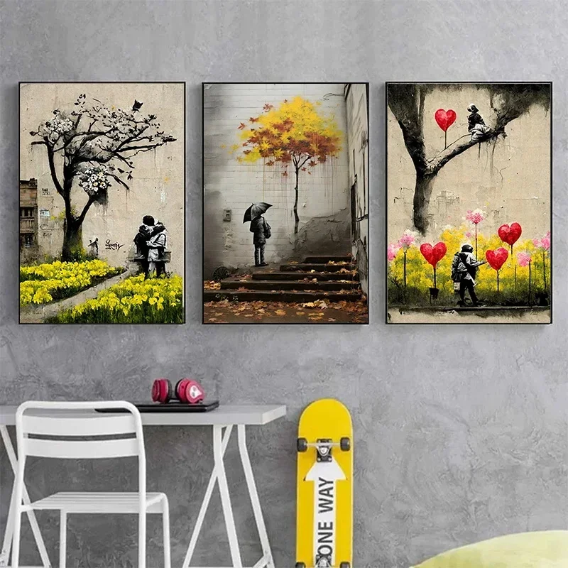 1pc frameless Pop Street Graffiti Wall Art Posters Banksy Boy Girl with Balloon on Canvas Posters Prints Painting Living Room Ho