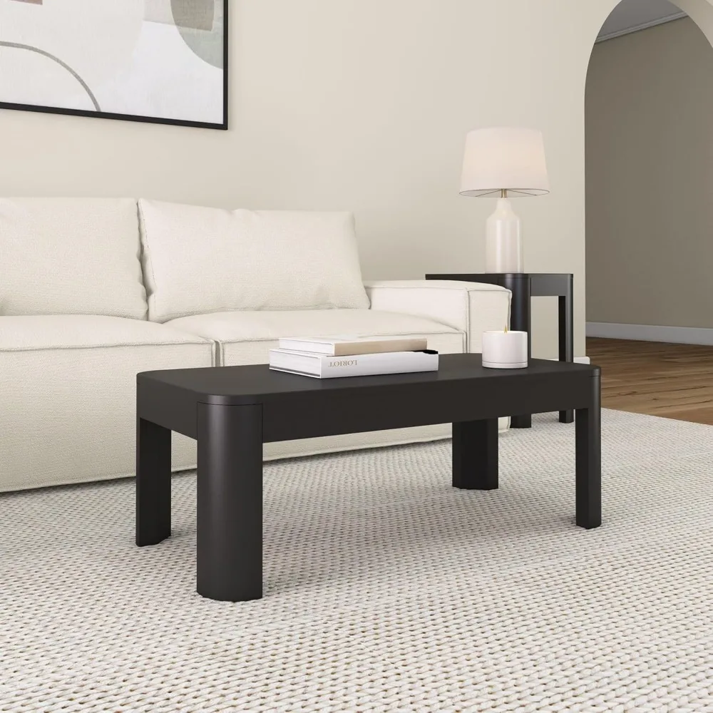 Small Modern Rounded Coffee Table, 40 Inch, Solid Wood Contemporary Center Table for Living Room, Rectangle Tea Table, Black