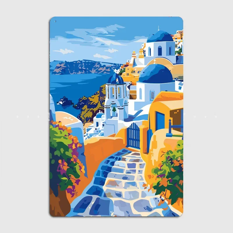 Greek Island Santorini Travel Scenic Spot Poster Metal Plaques Tin Sign Home Decor Room Decoration Kitchen Wall Decor