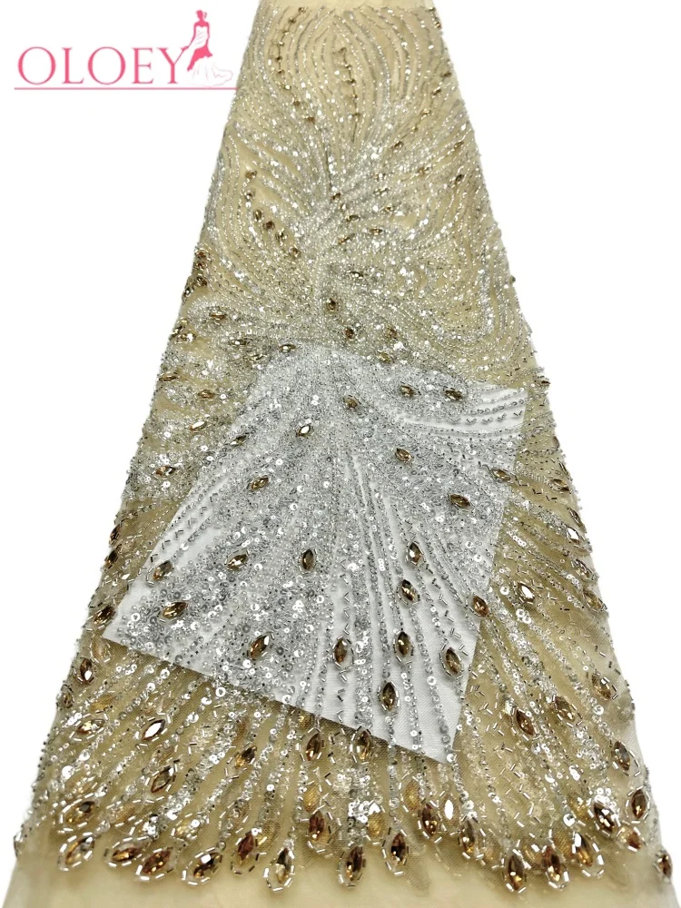 OLOEY High-End Fashion Design Exquisite Austrian Diamond Beaded Lace Top Quality Navy Blue African Sequins Lace Fabric For Part