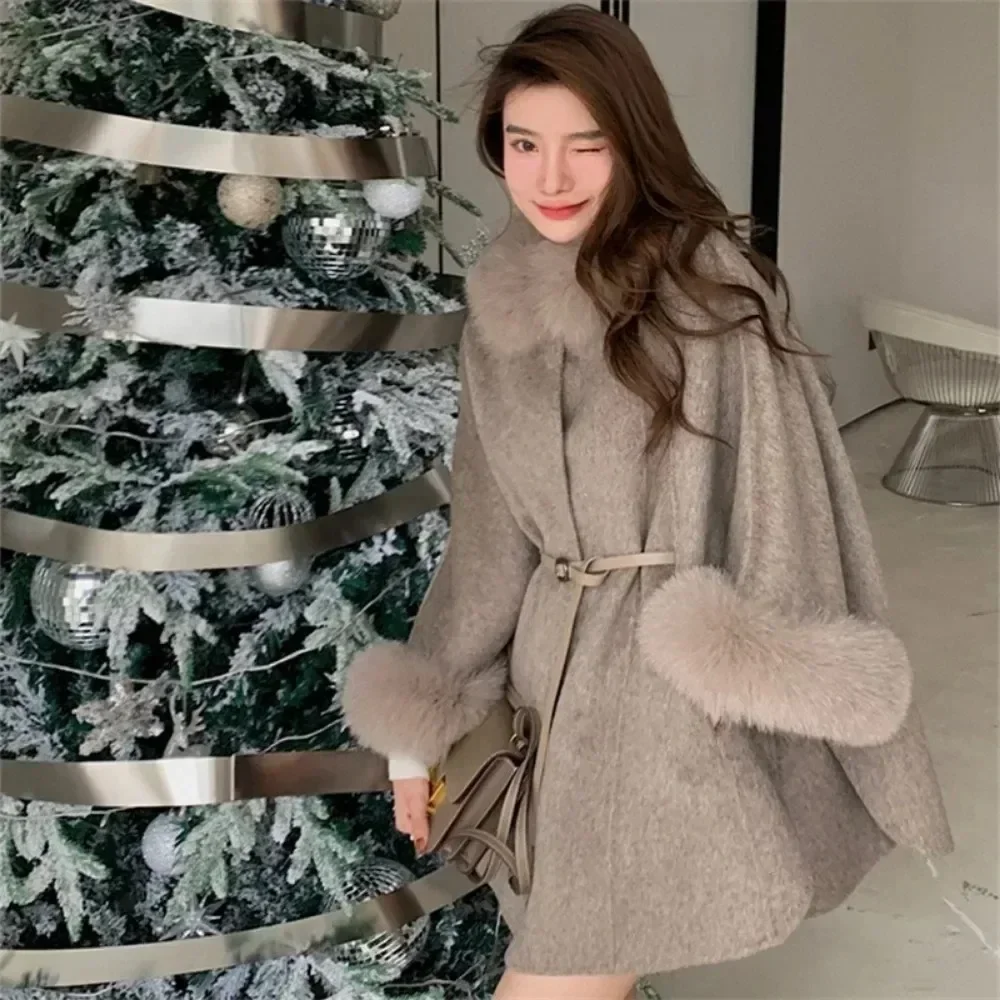 Women's Warm A-line Jacket Thick Fur Sleeve Detachable Real Fox Fur Collar Coat Female Wool 2025 New Autumn Winter Coat