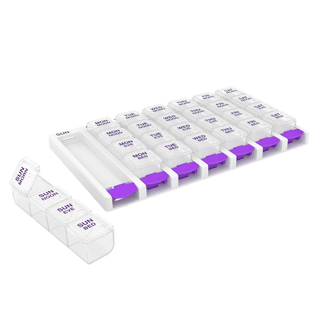 

7 Day Weekly Pill Organizer, Daily Medicine Case, 4 Times a Day, Small Removable Compartments, Clear Lids, BPA Free