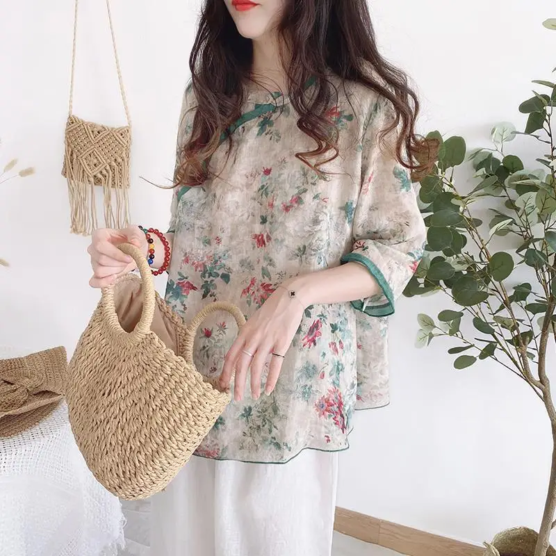 

Folk Broken Flowers Blouse Female Clothing Chinese Style Half Sleeve Summer Vintage Casual O-Neck Fashion Spliced Loose Shirt