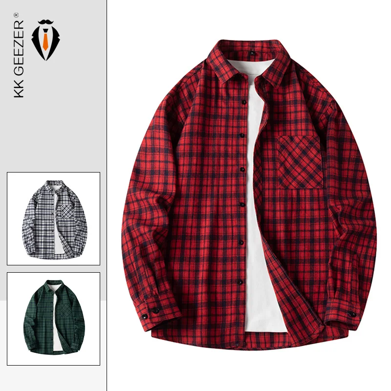 Men Shirt Plaid Flannel Casual Long Sleeve Red Checkered Loose Mens Slim Shirt Oversized Office Business Male Soft Male Shirt