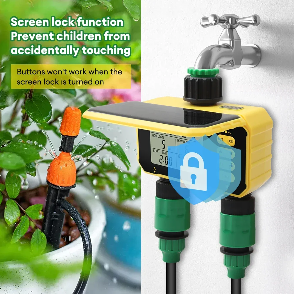 2025スマートデュアルウォータータイマー自動ガーデン散水機タイミング屋外デジタルファーム点滴灌漑コントローラーソーラー充電