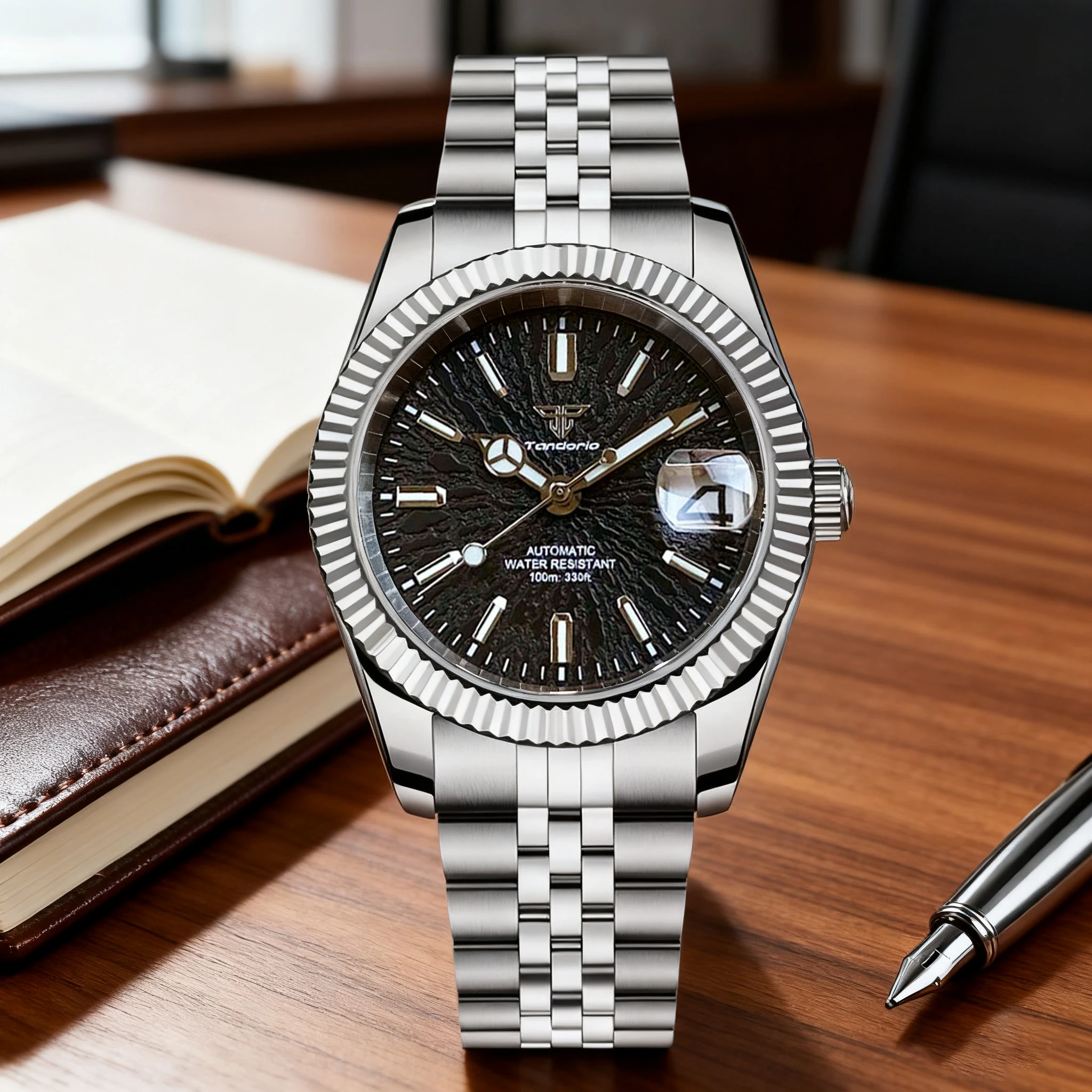 New 36mm 39mm Stainless Steel Japan NH35A Mechanical Watch for Men Black Dial Date Window Cyclop Steel Bracelet Luminous Marks