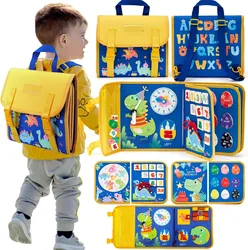 Toddler Busy Board Montessori Toys Learning Educational Activities Travel Toy Dinosaur Dress up  Sensory Life Skill Backpack