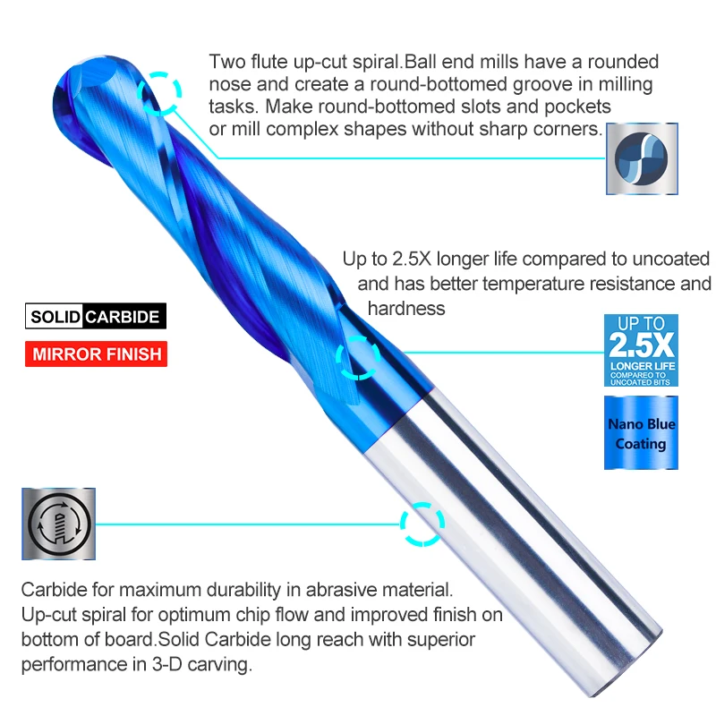 XCAN-Ball Nose End Mill, CNC Router Bit, Nano Azul Revestido, Fresa de carboneto, 2 Flauta, 4mm, 6mm Shank