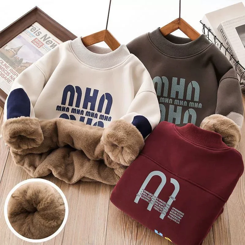Autumn Winter Boys Imitation Rabbit Fur Warm Sweatshirt 4-12 Years Thickened Casual Letter Pullover Kids Fashion Clothing