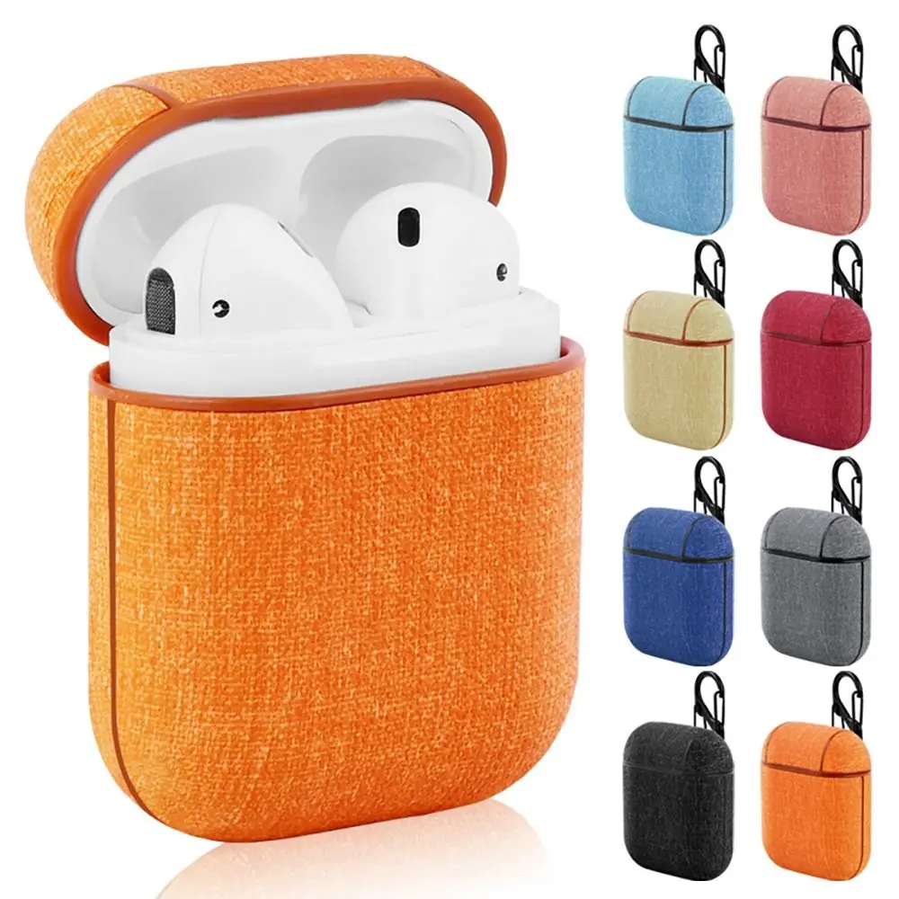 Estojo de fone de ouvido com textura de linho, anti-queda, à prova de poeira, caixa de carregamento, cor sólida com mosquetão para airpods 1/2