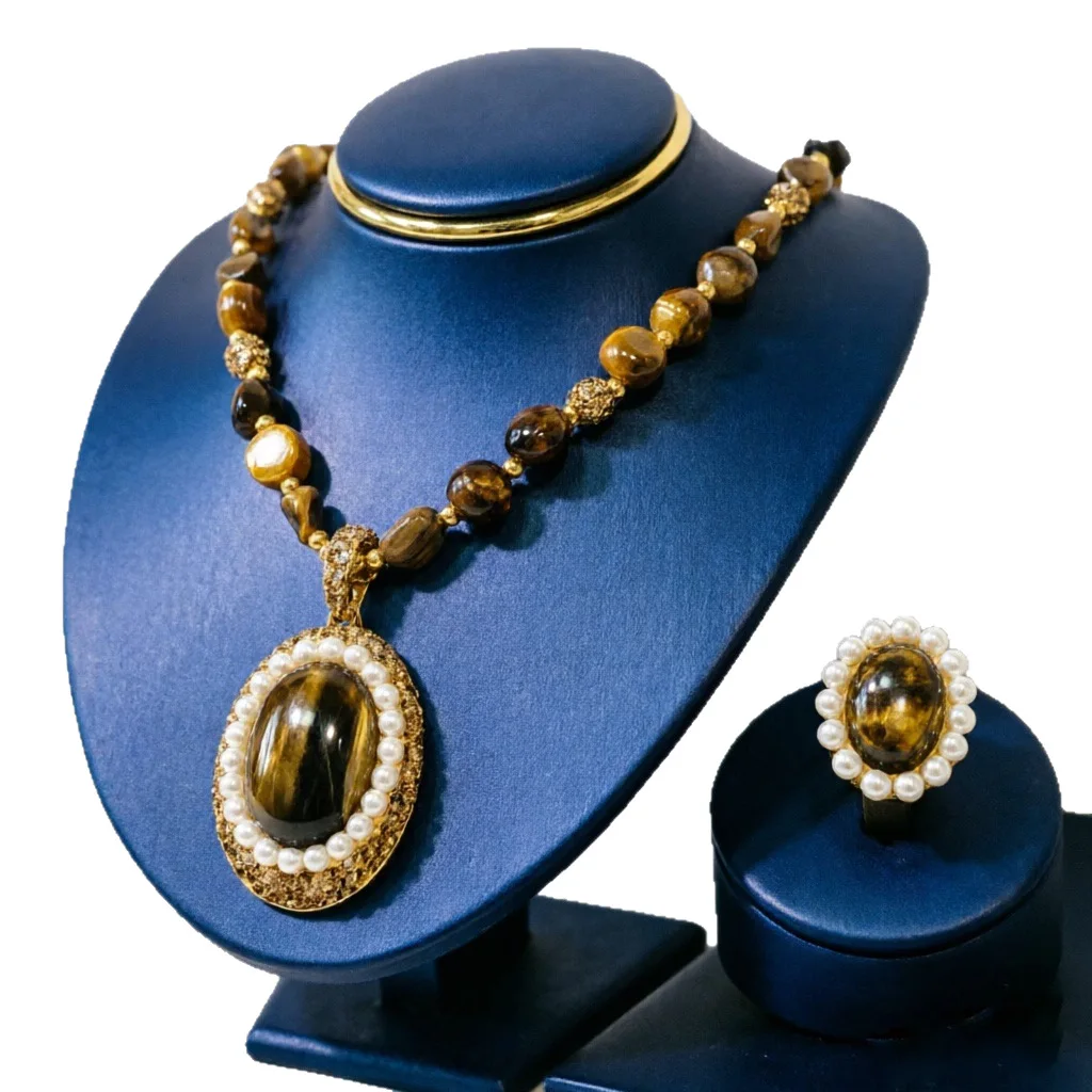 Vintage Delicate Pearl Jewelry Set Oval Tiger Eye Stone Pendant Necklace Pearl Earrings Ring Women Party Fashion Accessories